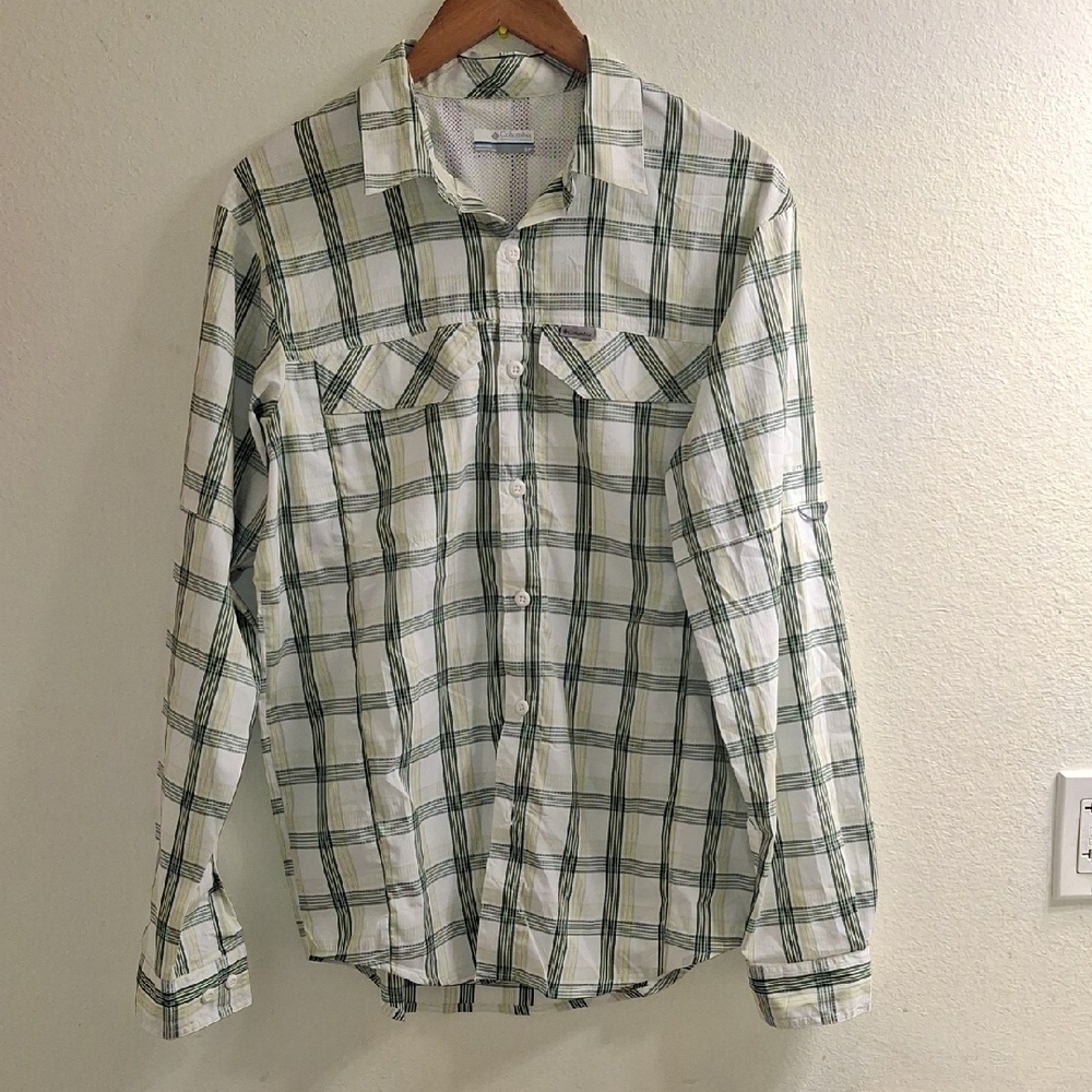Columbia White and Green Plaid Casual Shirt